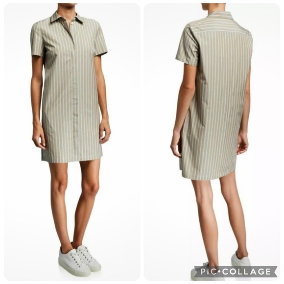 Theory Dresses & Skirts - Theory Shirt Dress Size Small Beige Ribbon Stripe Button Down Pockets Poplin